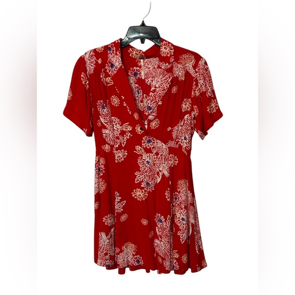 Free People Blue Hawaii Red Floral Print Mini Dress Size Small Bohemian - Picture 8 of 9